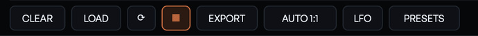 The CLEAR, LOAD, randomise, ▦ (show/hide the MEDIA strip), EXPORT, AUTO 1:1 (canvas format), LFO and PRESETS buttons