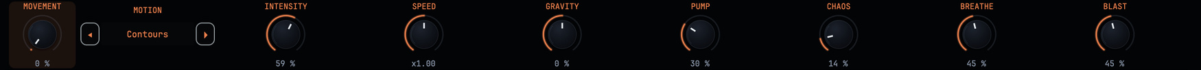 The Movement row: Motion preset, Intensity, Speed, Gravity, Pump, Chaos, Breathe and Blast