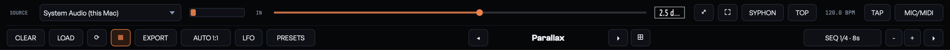 SUPERNOVA's two top bars: source and level on top; CLEAR, LOAD, ▦, EXPORT, AUTO, LFO, PRESETS and the world browser below