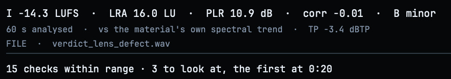 VERDICT's header — integrated loudness, LRA, PLR, correlation, key and what it compared against — and the headline: 15 checks within range · 3 to look at, the first at 0:20